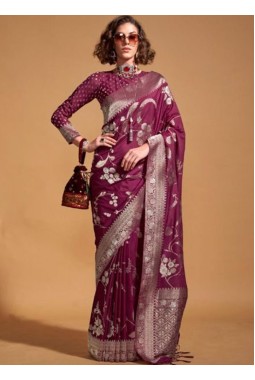 Wine Pure Georgette Handloom Weaving Silk Designer Saree