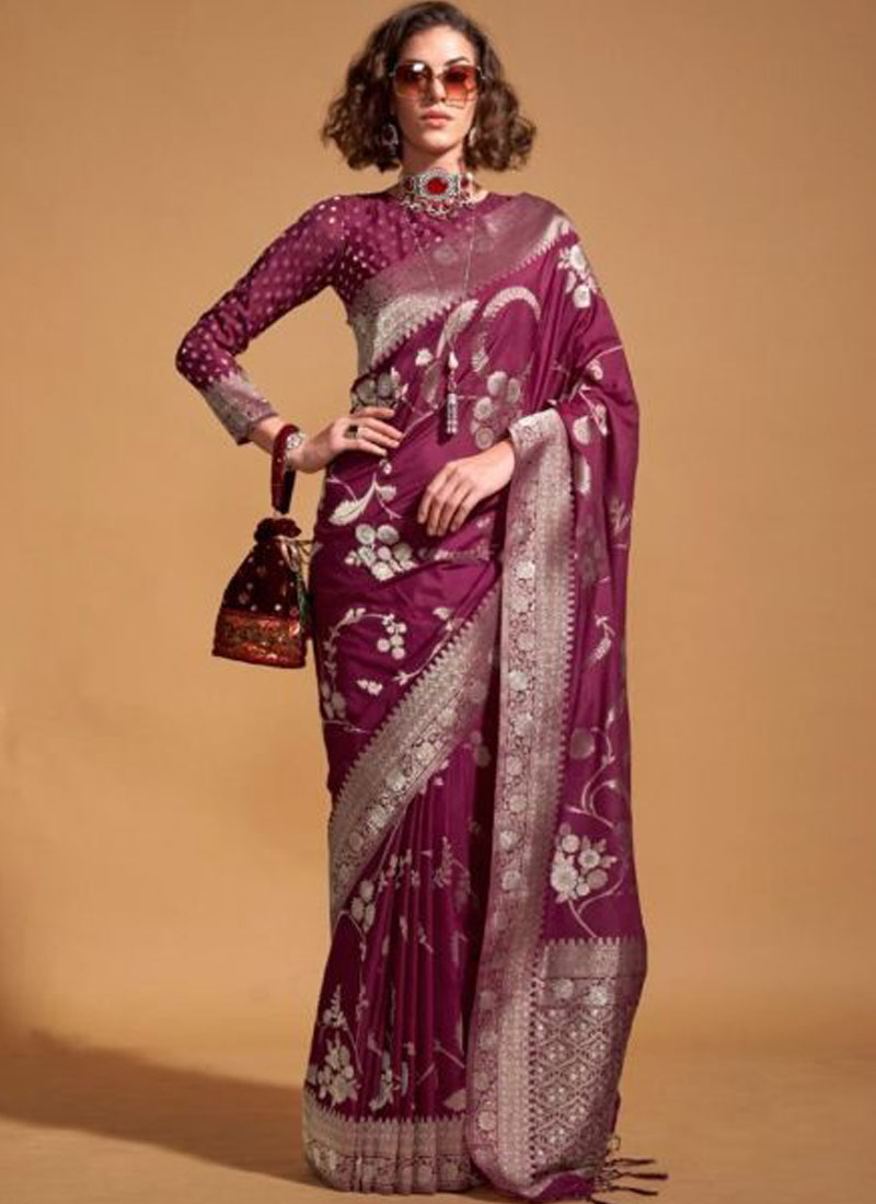 Wine Pure Georgette Handloom Weaving Silk Designer Saree