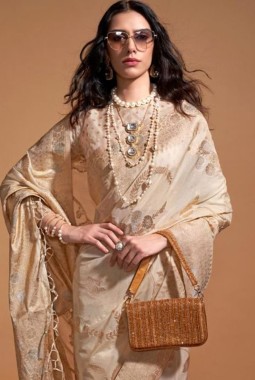 Beige Pure Georgette  Handloom Weaving Silk Designer Saree