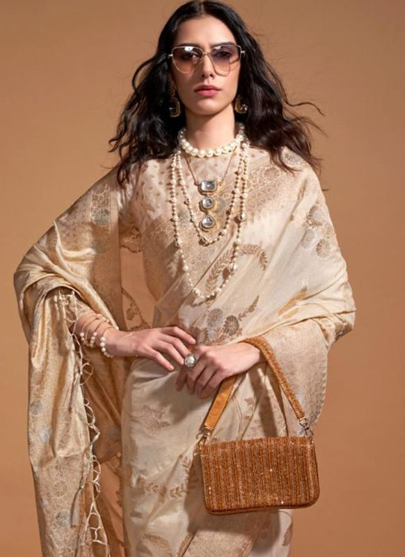 Beige Pure Georgette  Handloom Weaving Silk Designer Saree