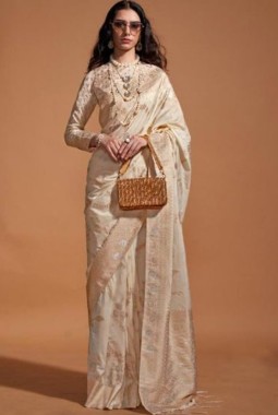 Beige Pure Georgette  Handloom Weaving Silk Designer Saree