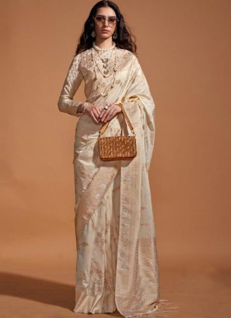Beige Pure Georgette  Handloom Weaving Silk Designer Saree