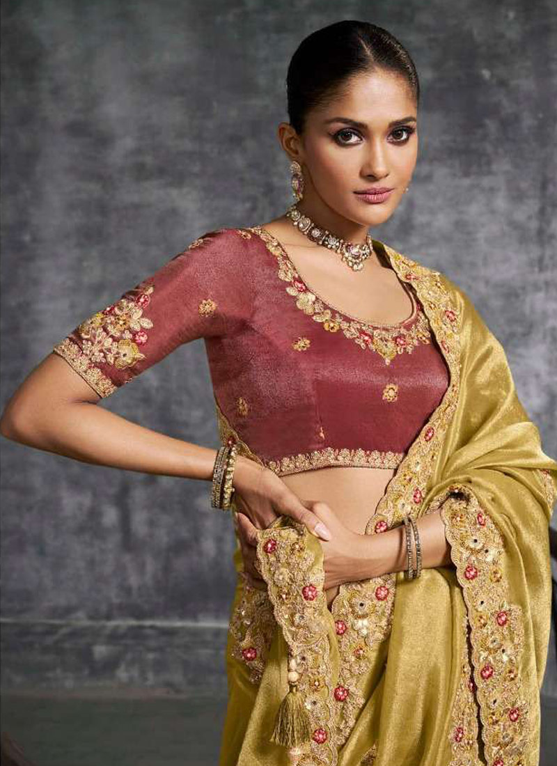 Green Tissue Zari Embroidered Festive Wear Saree