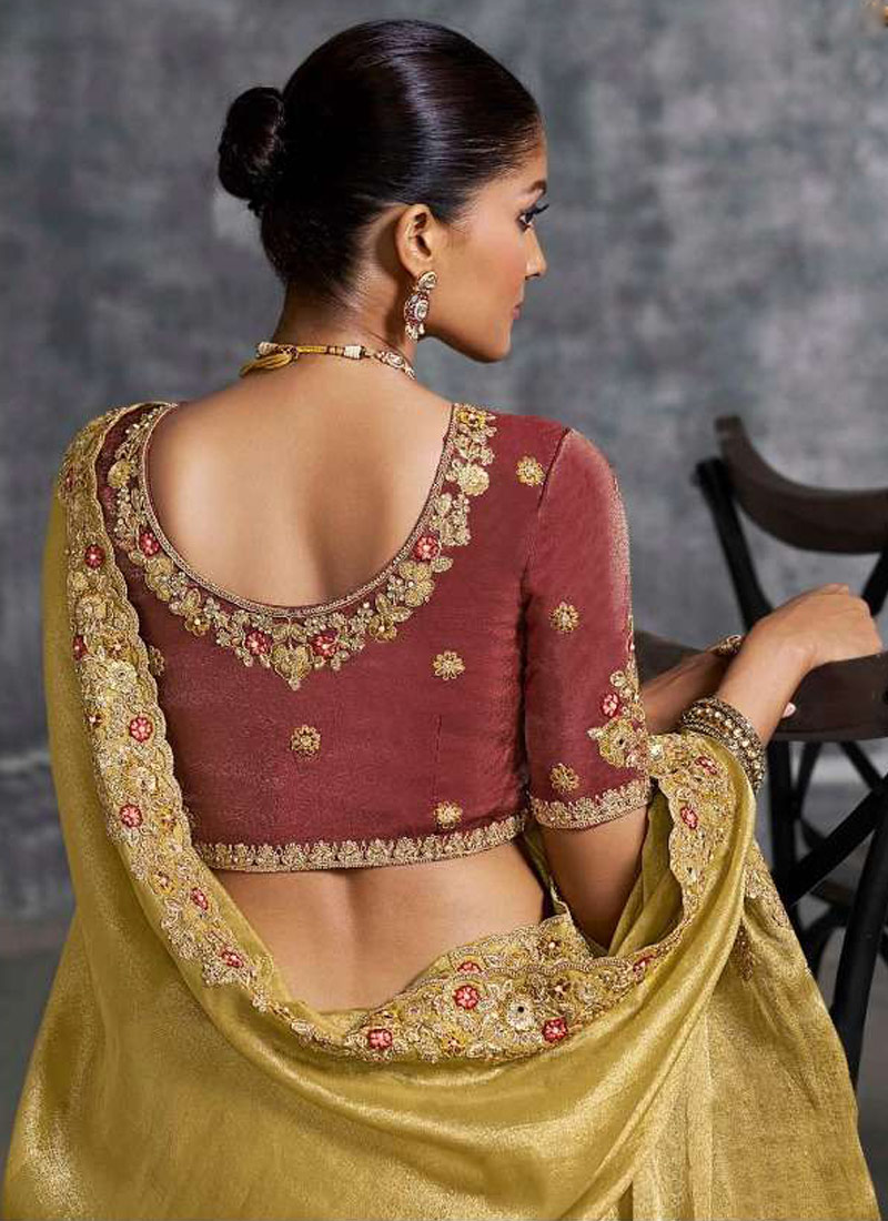 Green Tissue Zari Embroidered Festive Wear Saree