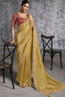 Green Tissue Zari Embroidered Festive Wear Saree