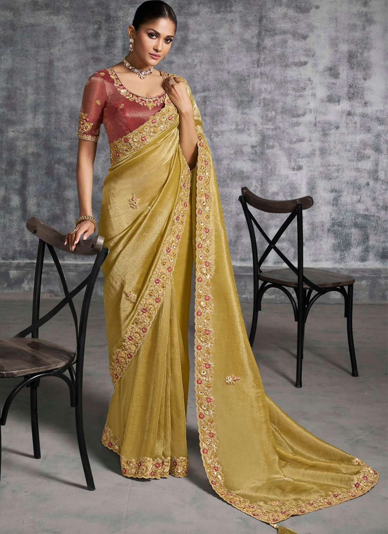 Green Tissue Zari Embroidered Festive Wear Saree