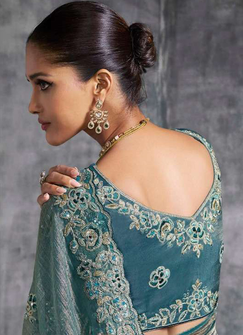 Blue Tissue Zari Embroidered Festive Wear Saree