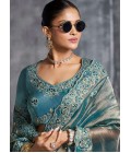 Blue Tissue Zari Embroidered Festive Wear Saree