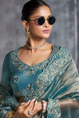 Blue Tissue Zari Embroidered Festive Wear Saree