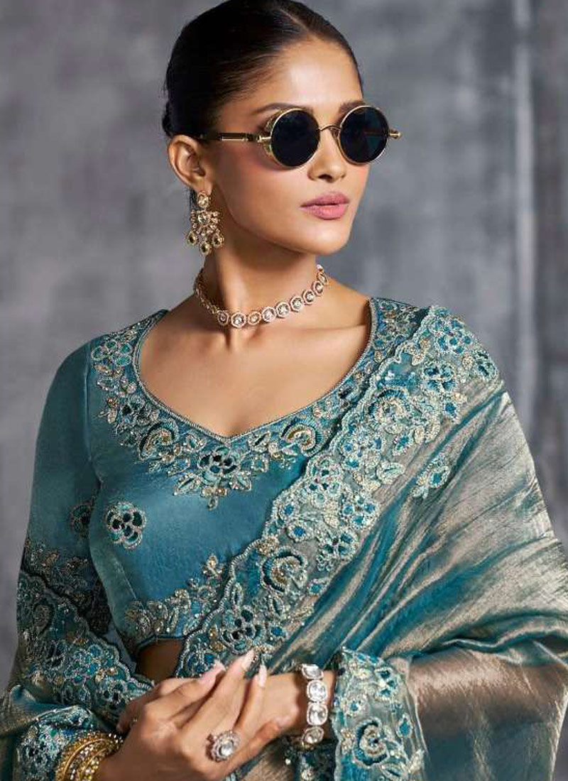 Blue Tissue Zari Embroidered Festive Wear Saree