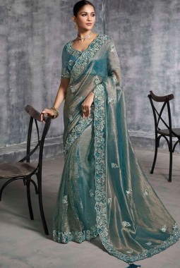 Blue Tissue Zari Embroidered Festive Wear Saree