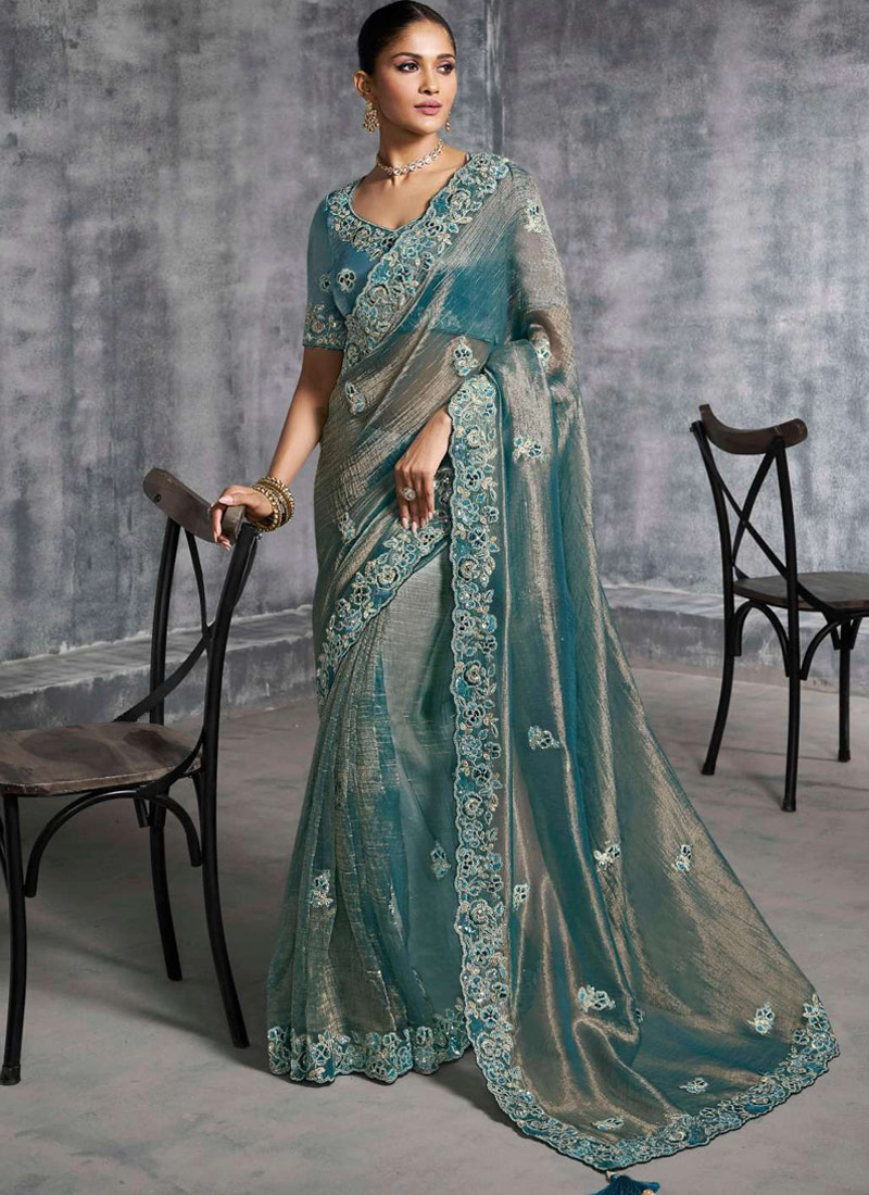 Blue Tissue Zari Embroidered Festive Wear Saree