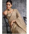 Beige Tissue Zari Embroidered Festive Wear Saree