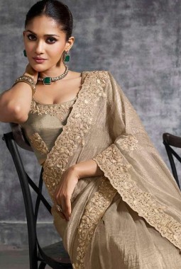 Beige Tissue Zari Embroidered Festive Wear Saree