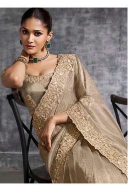 Beige Tissue Zari Embroidered Festive Wear Saree