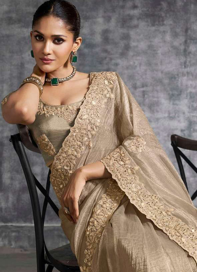 Beige Tissue Zari Embroidered Festive Wear Saree