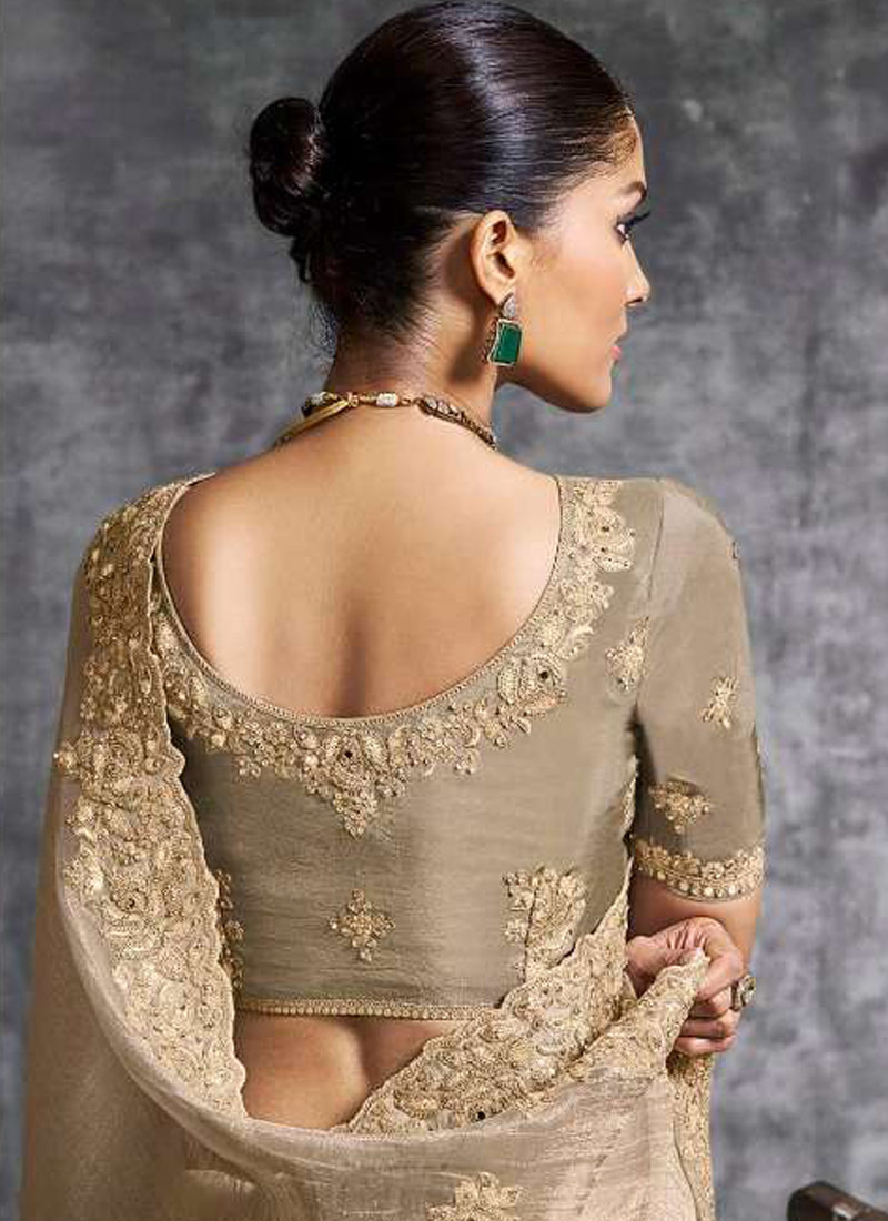 Beige Tissue Zari Embroidered Festive Wear Saree