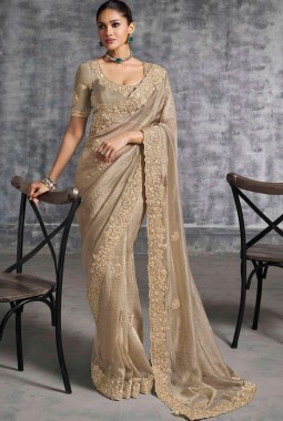 Beige Tissue Zari Embroidered Festive Wear Saree