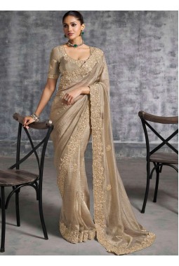 Beige Tissue Zari Embroidered Festive Wear Saree