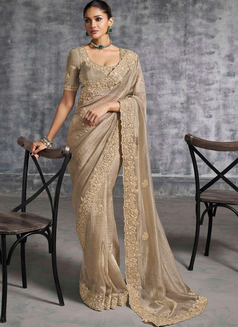 Beige Tissue Zari Embroidered Festive Wear Saree