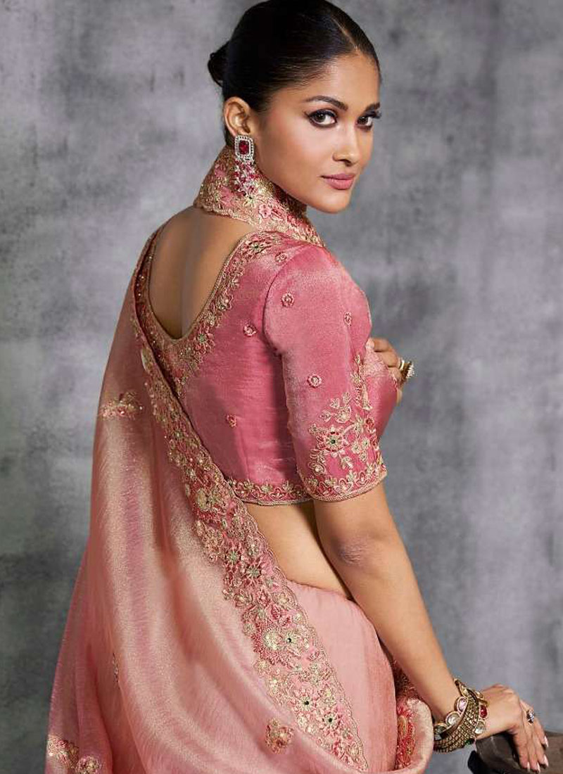 Peach Tissue Zari Embroidered Festive Wear Saree