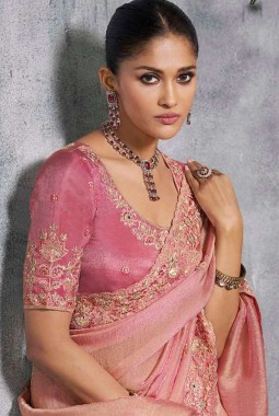 Peach Tissue Zari Embroidered Festive Wear Saree