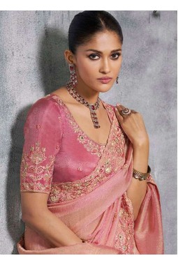 Peach Tissue Zari Embroidered Festive Wear Saree