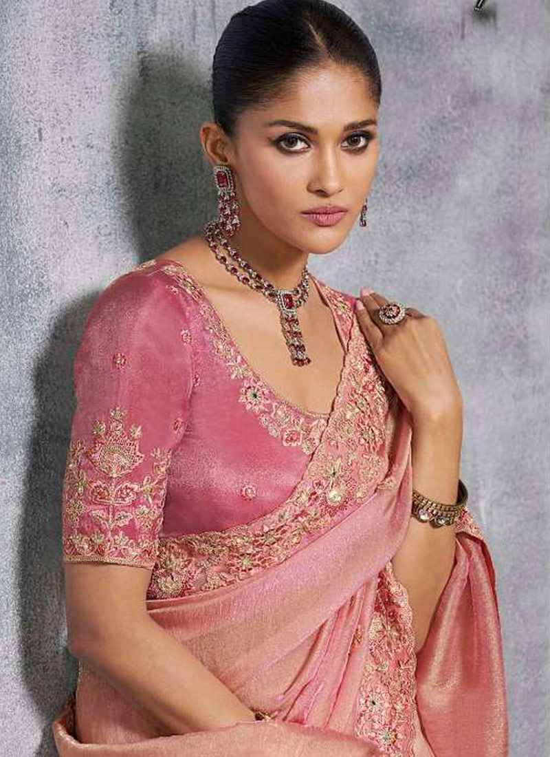 Peach Tissue Zari Embroidered Festive Wear Saree
