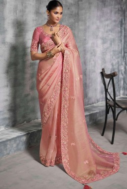 Peach Tissue Zari Embroidered Festive Wear Saree