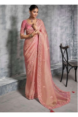 Peach Tissue Zari Embroidered Festive Wear Saree