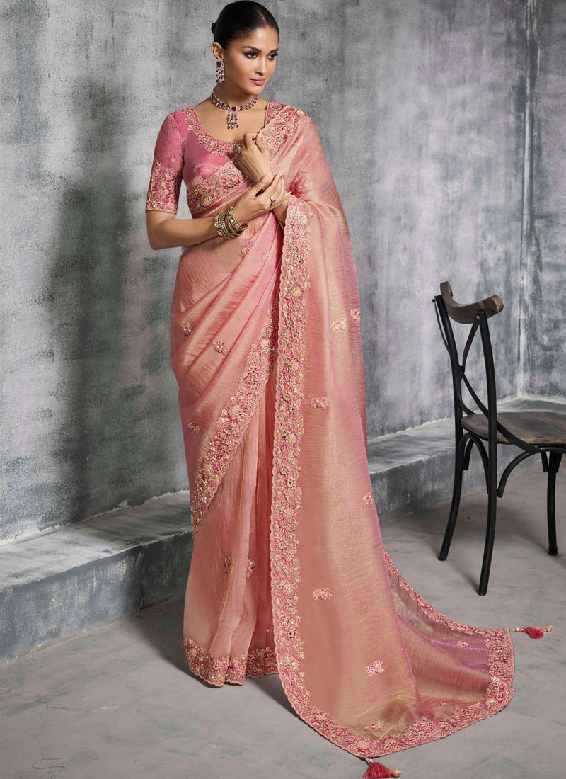 Peach Tissue Zari Embroidered Festive Wear Saree