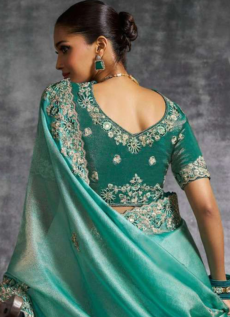 Sea Green Tissue Zari Embroidered Festive Wear Saree