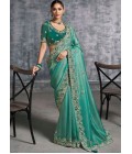 Sea Green Tissue Zari Embroidered Festive Wear Saree