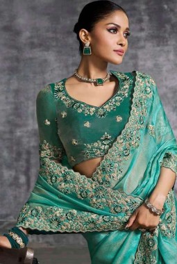 Sea Green Tissue Zari Embroidered Festive Wear Saree
