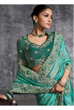 Sea Green Tissue Zari Embroidered Festive Wear Saree