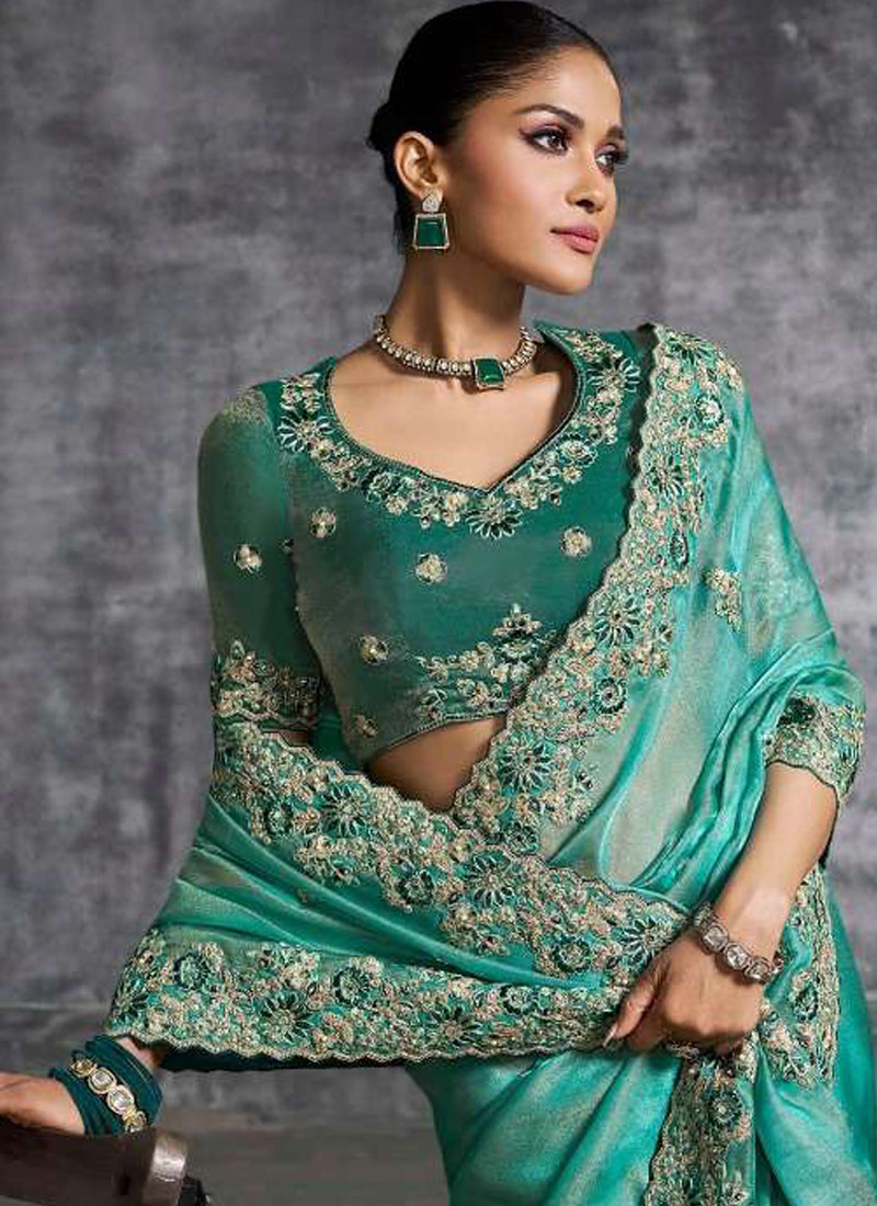 Sea Green Tissue Zari Embroidered Festive Wear Saree