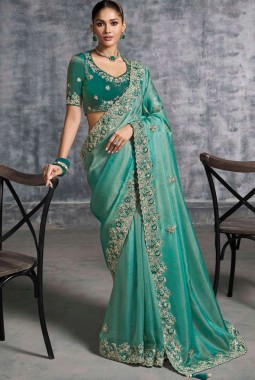 Sea Green Tissue Zari Embroidered Festive Wear Saree