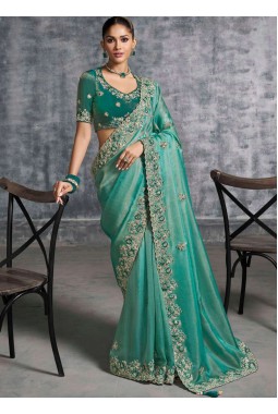 Sea Green Tissue Zari Embroidered Festive Wear Saree