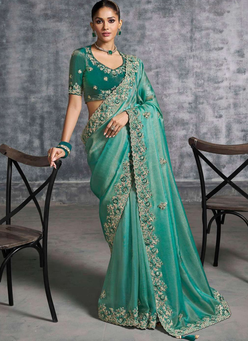 Sea Green Tissue Zari Embroidered Festive Wear Saree