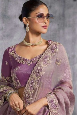 Purple Tissue Zari Embroidered Festive Wear Saree