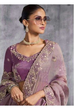 Purple Tissue Zari Embroidered Festive Wear Saree