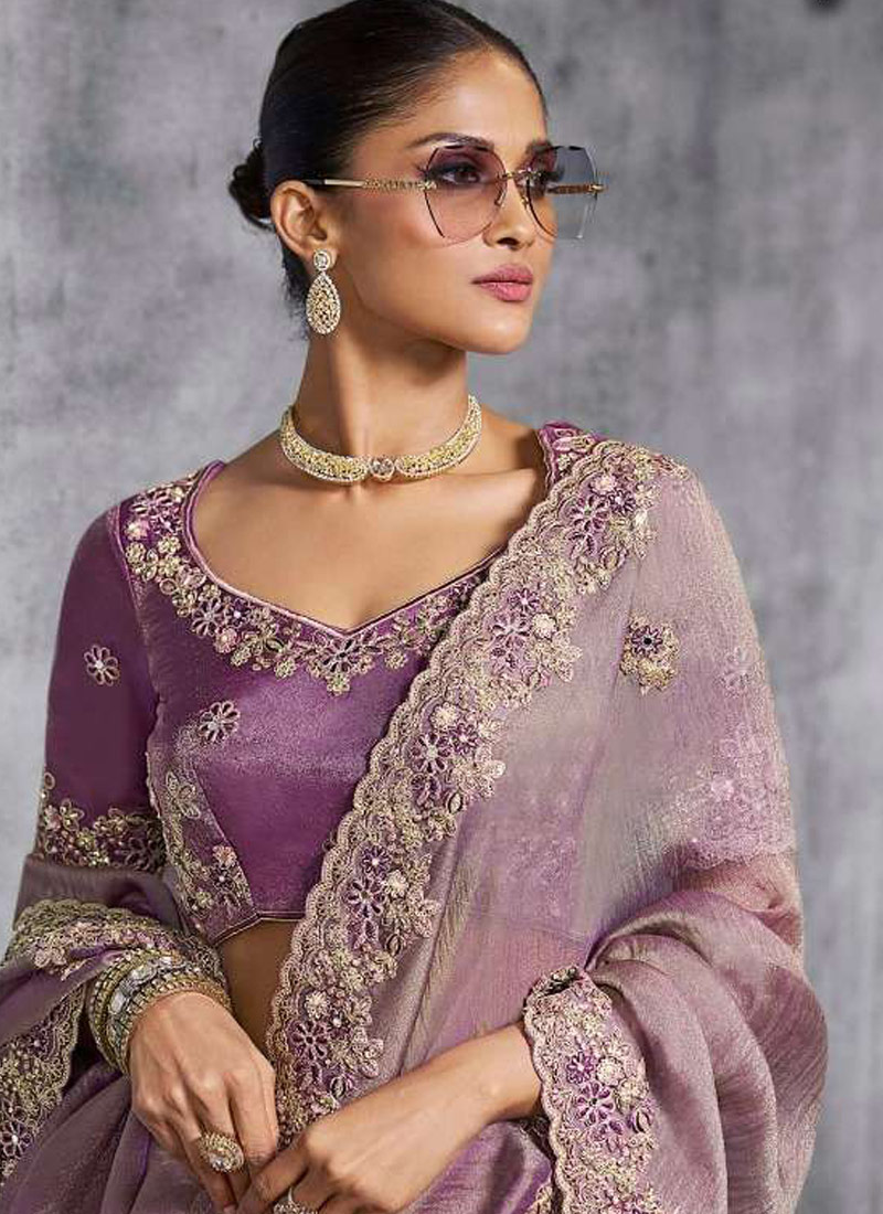 Purple Tissue Zari Embroidered Festive Wear Saree