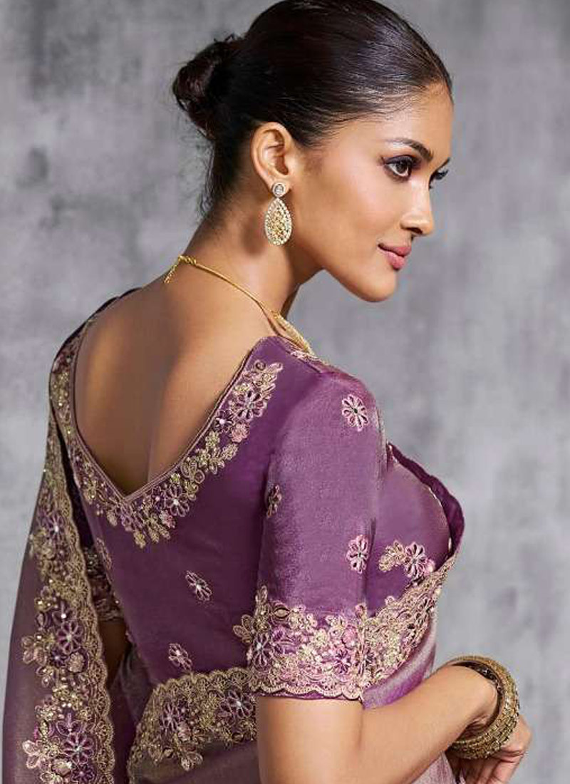 Purple Tissue Zari Embroidered Festive Wear Saree