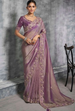 Purple Tissue Zari Embroidered Festive Wear Saree