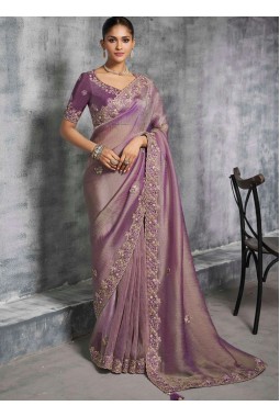 Purple Tissue Zari Embroidered Festive Wear Saree