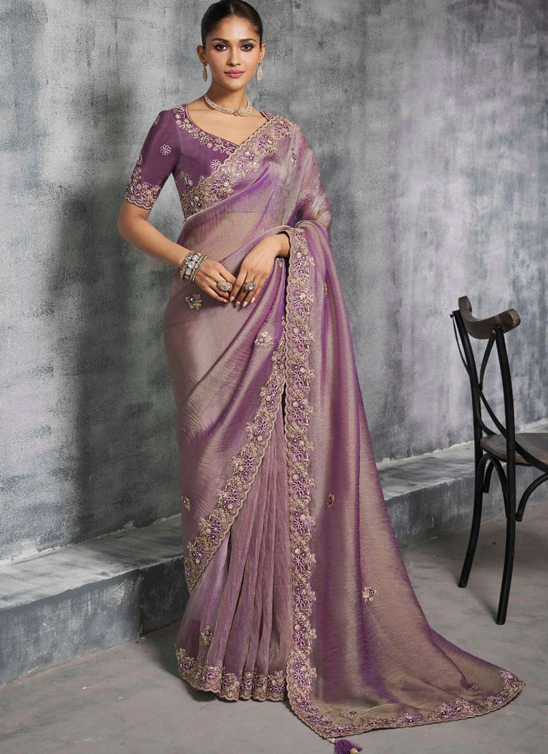 Purple Tissue Zari Embroidered Festive Wear Saree