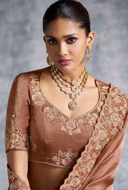 Brown Tissue Zari Embroidered Festive Wear Saree