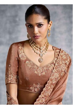 Brown Tissue Zari Embroidered Festive Wear Saree