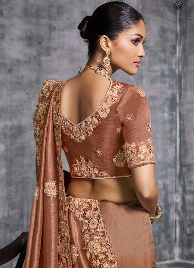 Brown Tissue Zari Embroidered Festive Wear Saree