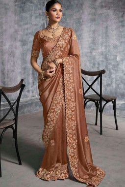 Brown Tissue Zari Embroidered Festive Wear Saree
